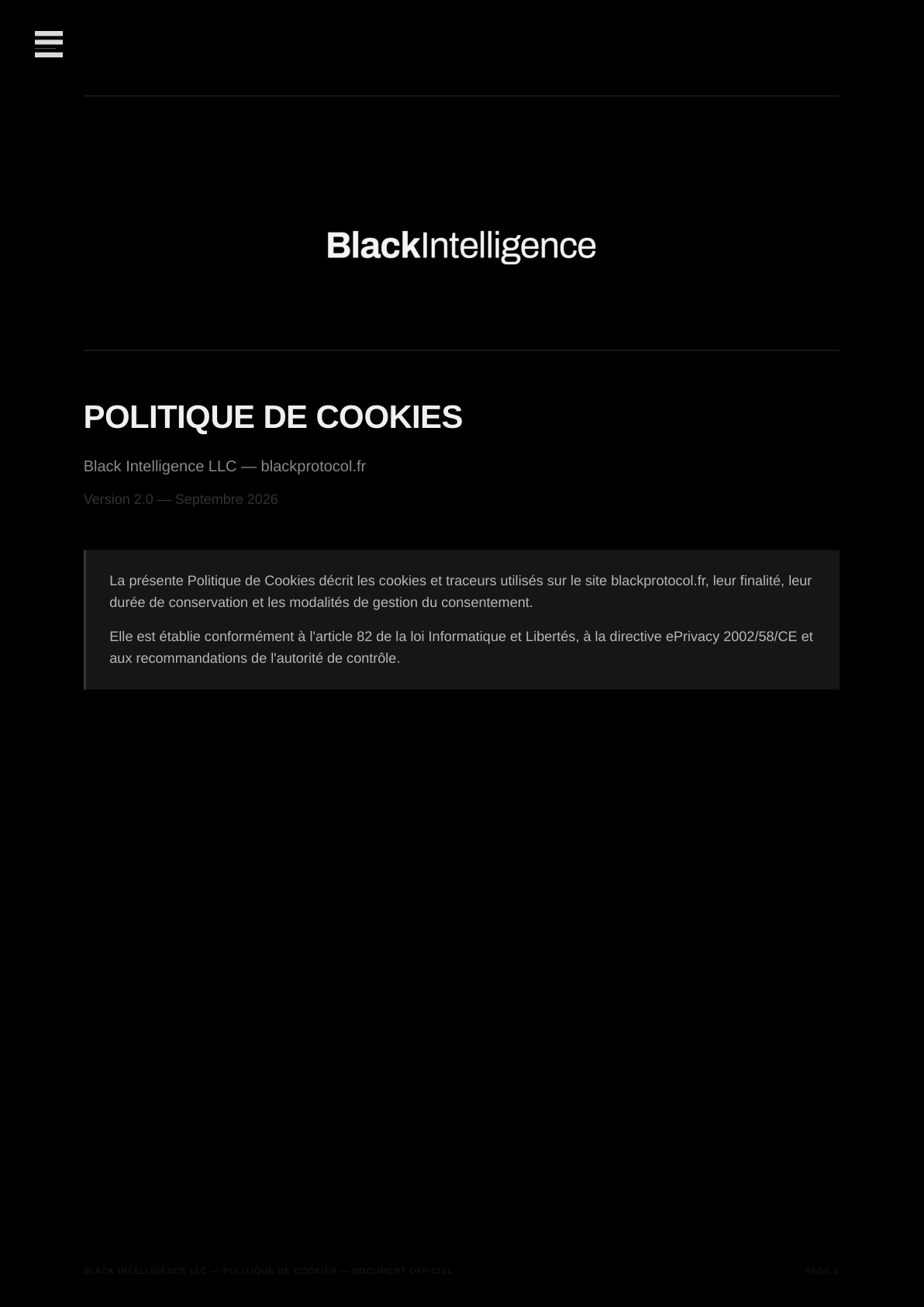 Politique de Cookies — page 1