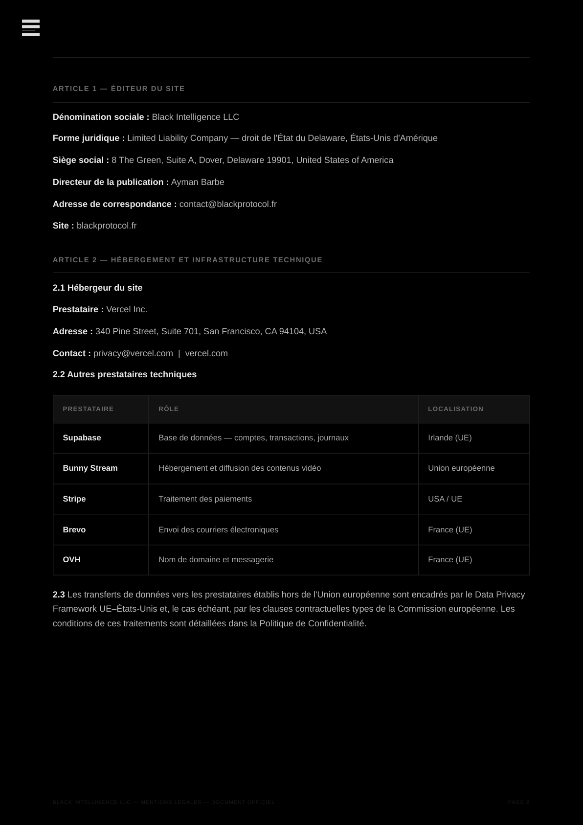 Mentions Légales — page 2